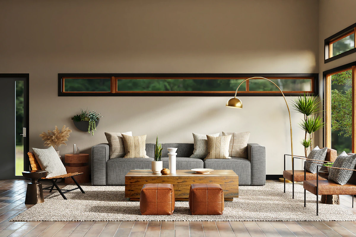 Serene architectural interior with curated modern furnishings