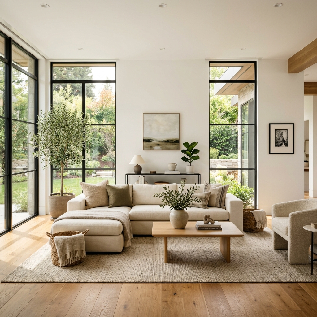 A beautifully maintained contemporary living room with natural light and premium furnishings